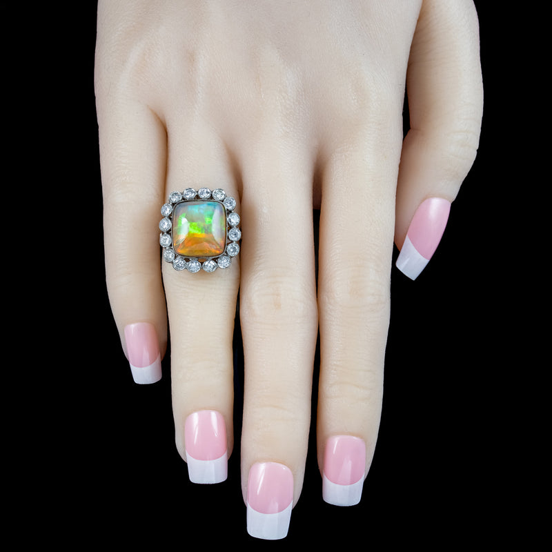 Antique Edwardian Opal Diamond Cluster Ring 6.5ct Opal 