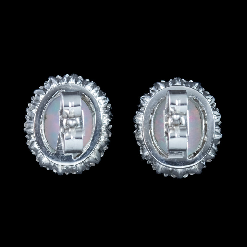 Antique Edwardian Opal Diamond Cluster Stud Earrings 18ct Gold