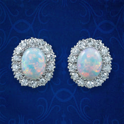 Antique Edwardian Opal Diamond Cluster Stud Earrings 18ct Gold