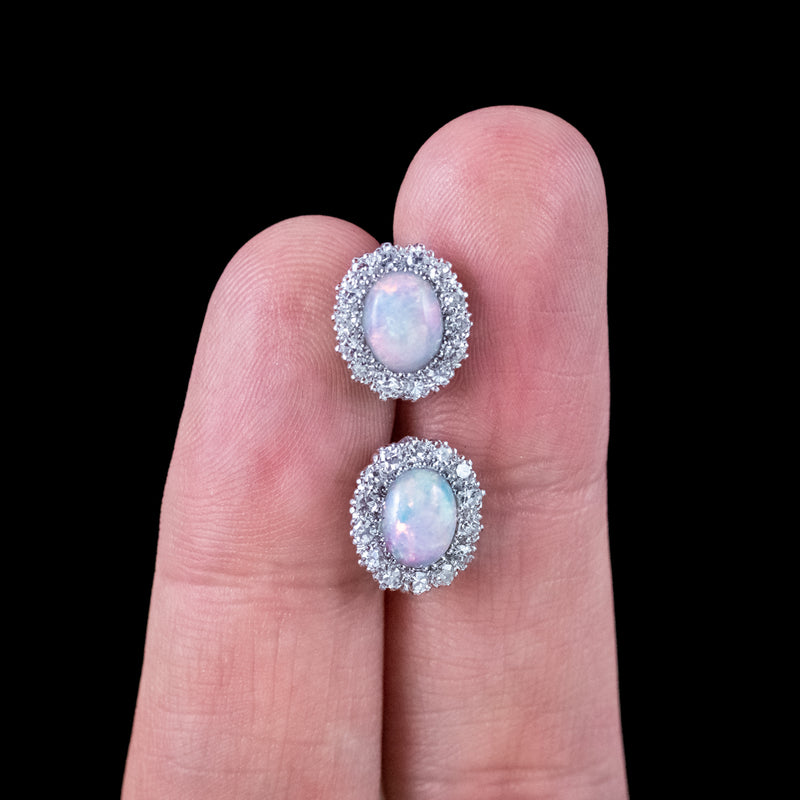 Antique Edwardian Opal Diamond Cluster Stud Earrings 18ct Gold