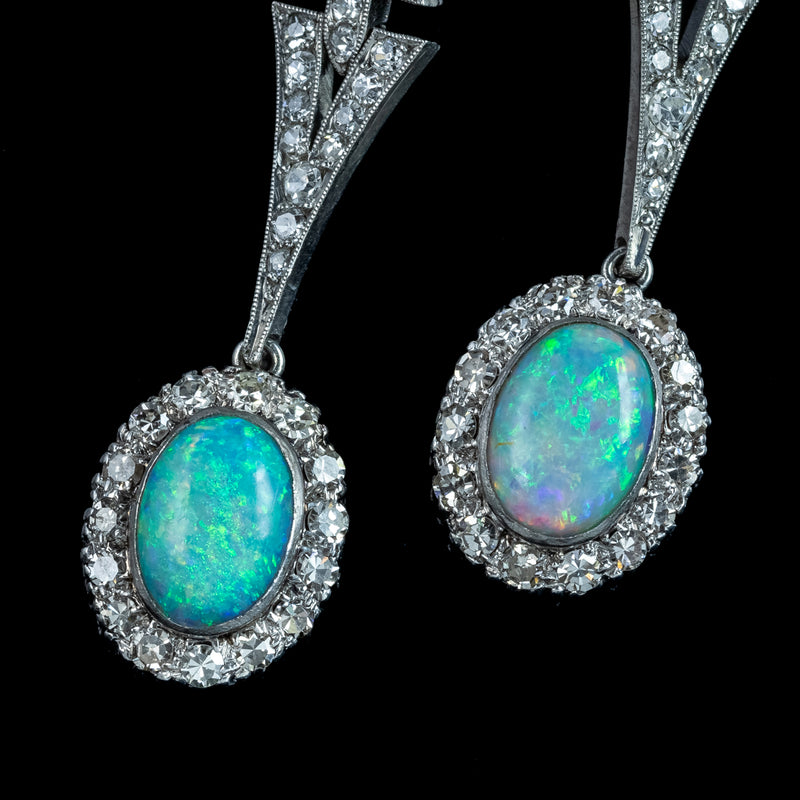 Antique Edwardian Opal Diamond Drop Earrings Platinum With Box