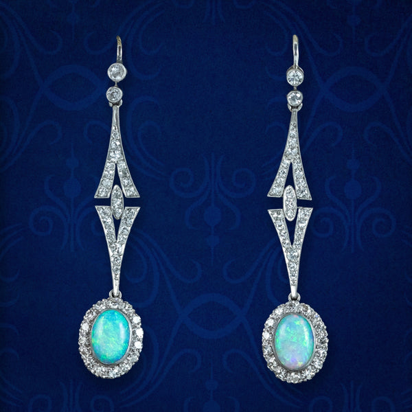 Antique Edwardian Opal Diamond Drop Earrings Platinum With Box