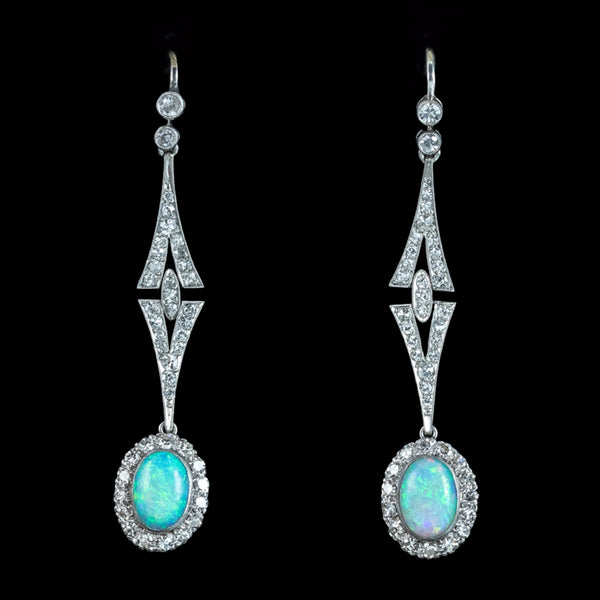 Antique Edwardian Opal Diamond Drop Earrings Platinum With Box