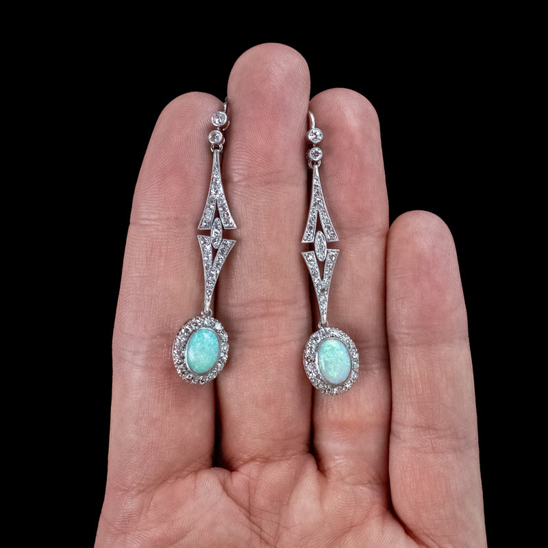 Antique Edwardian Opal Diamond Drop Earrings Platinum With Box