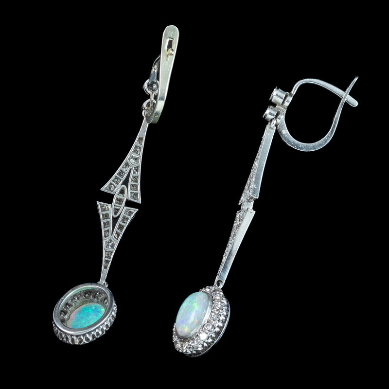 Antique Edwardian Opal Diamond Drop Earrings Platinum With Box