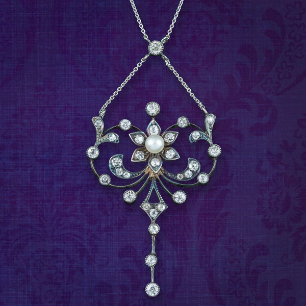 Antique Edwardian Pearl Diamond Flower Necklace With Box