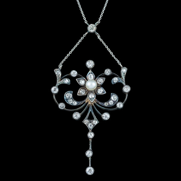 Antique Edwardian Pearl Diamond Flower Necklace With Box