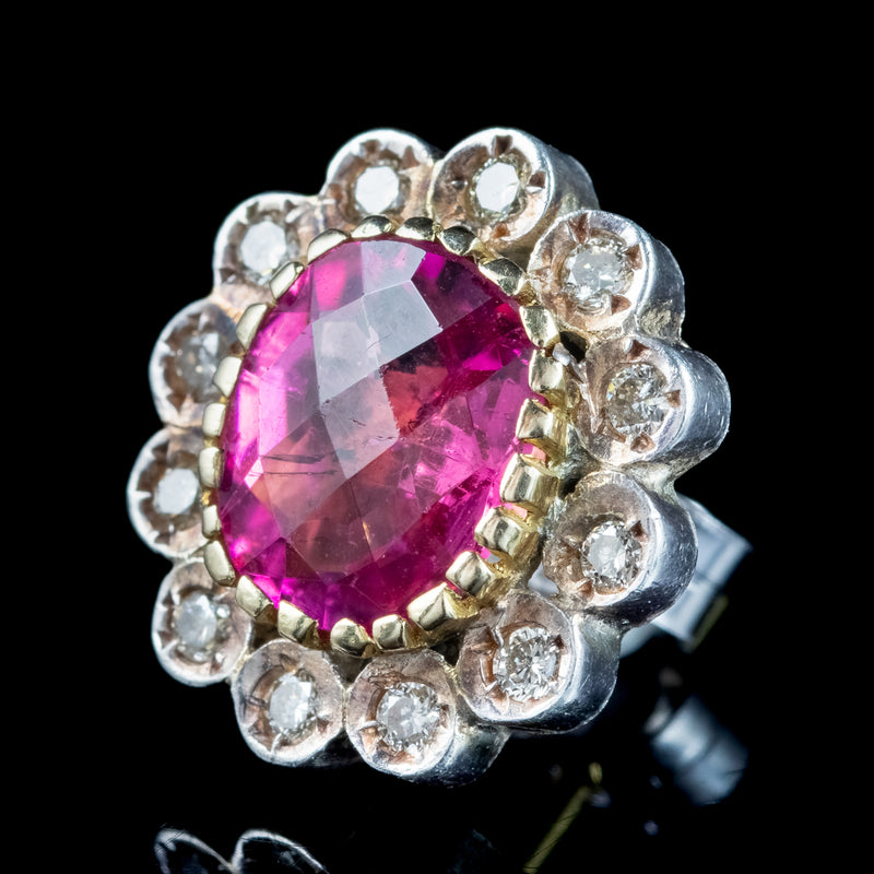 Antique Edwardian Pink Tourmaline Diamond Flower Stud Earrings 18ct Gold