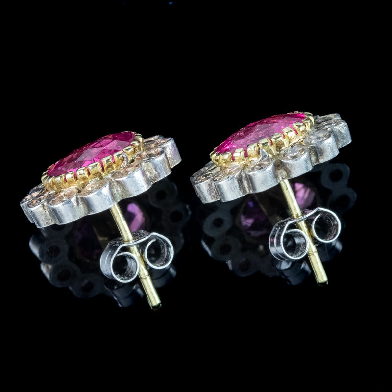 Antique Edwardian Pink Tourmaline Diamond Flower Stud Earrings 18ct Gold