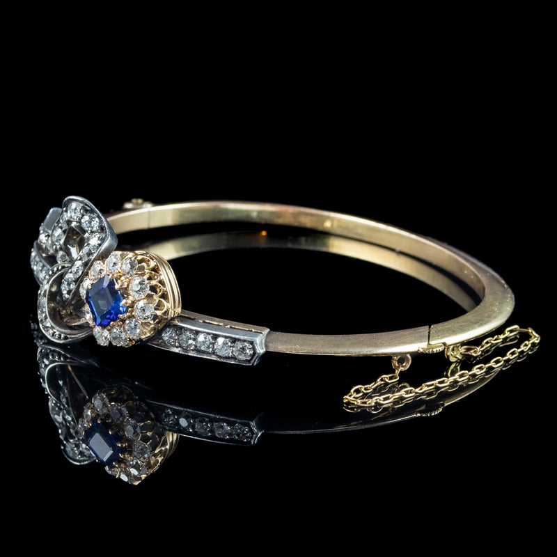 Antique Edwardian Sapphire Diamond Flower Bangle 0.85ct Sapphire