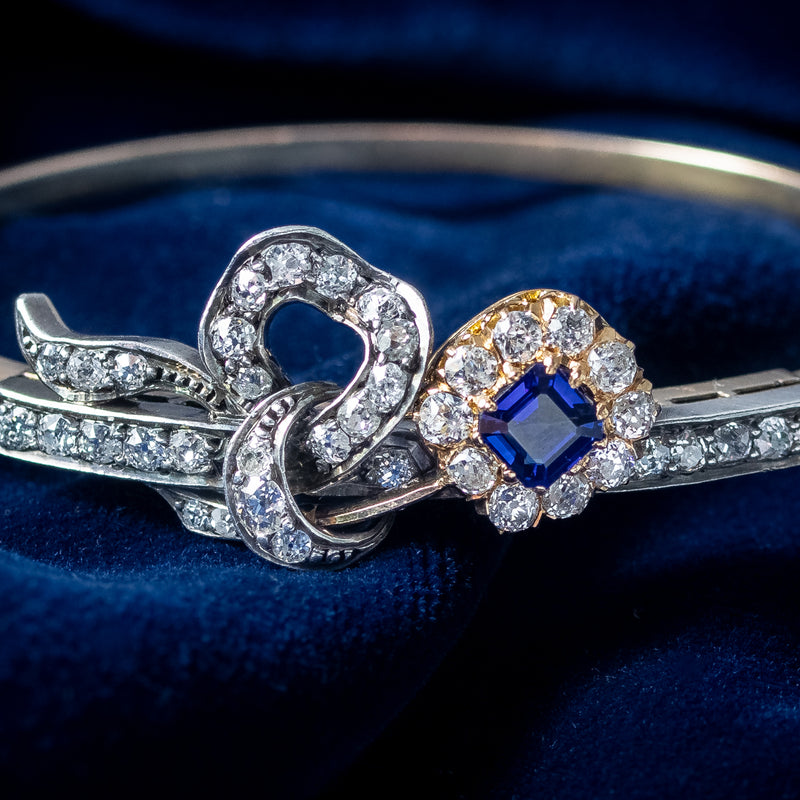 Antique Edwardian Sapphire Diamond Flower Bangle 0.85ct Sapphire