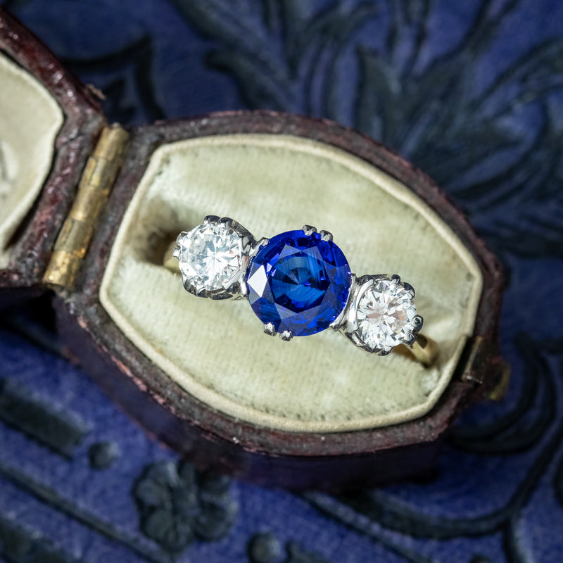Antique Edwardian Sapphire Diamond Trilogy Ring 1.41ct Sapphire With Cert