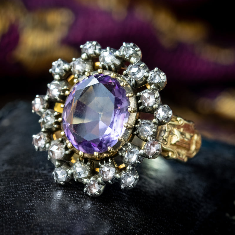 Antique Georgian Amethyst Diamond Cluster Ring 3ct Amethyst 