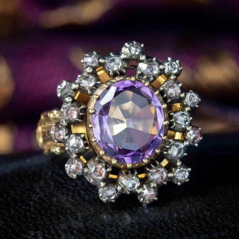 Antique Georgian Amethyst Diamond Cluster Ring 3ct Amethyst 