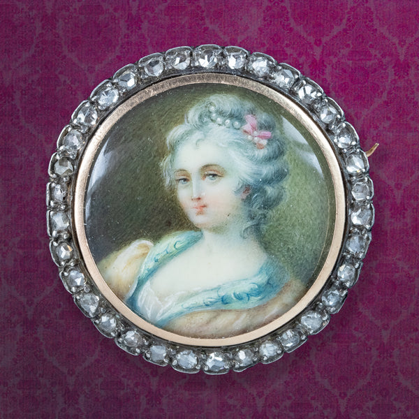 Antique Georgian Diamond Hand Painted Portrait Brooch 