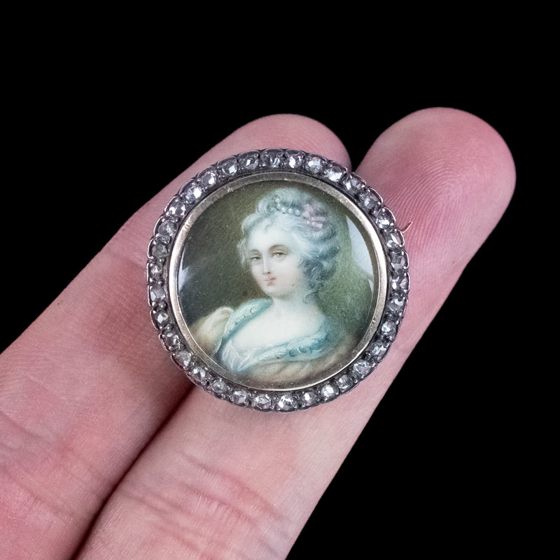 Antique Georgian Diamond Hand Painted Portrait Brooch 