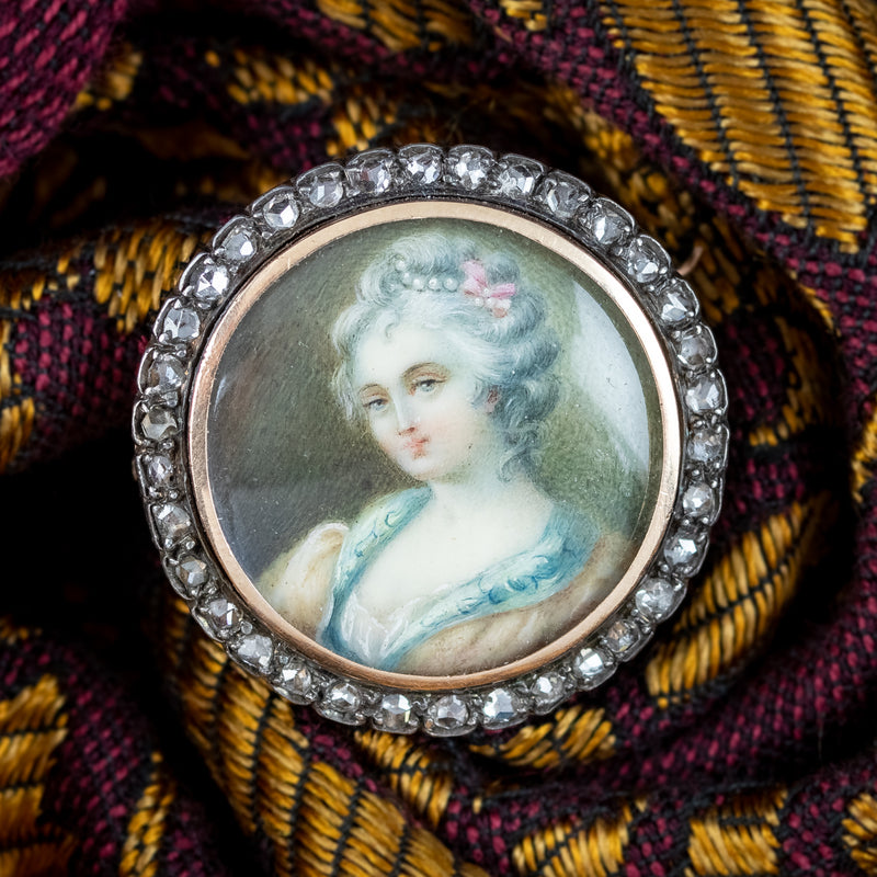 Antique Georgian Diamond Hand Painted Portrait Brooch 