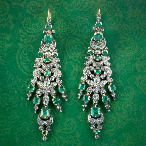 Antique Georgian Emerald Diamond Chandelier Earrings 5ct Of Emerald
