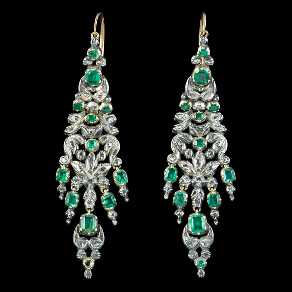 Antique Georgian Emerald Diamond Chandelier Earrings 5ct Of Emerald