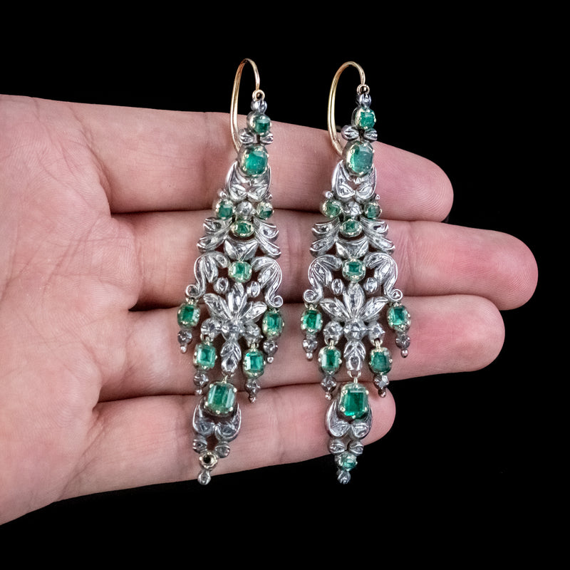 Antique Georgian Emerald Diamond Chandelier Earrings 5ct Of