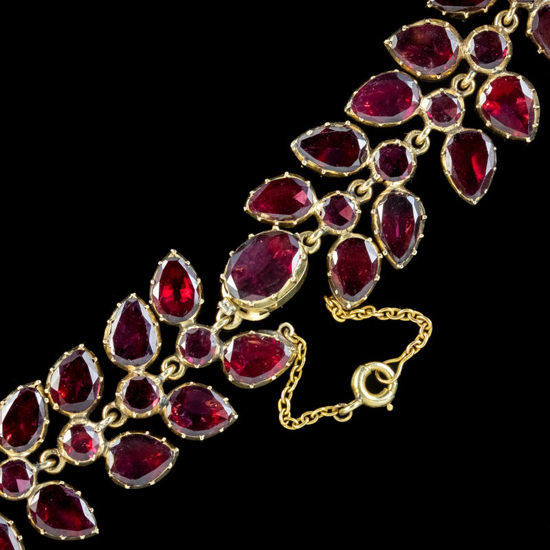 Antique Georgian Garnet Floral Collar Necklace And Earrings Suite With Box