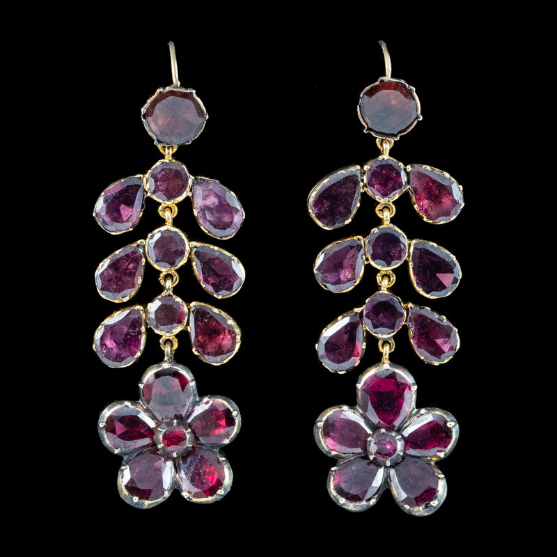 Antique Georgian Garnet Flower Drop Earrings 18ct Gold
