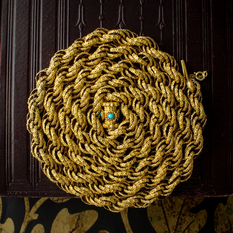 Antique Georgian Long Pinchbeck Rope Chain Turquoise Clasp