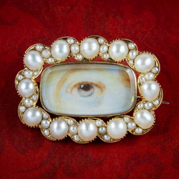 Antique Georgian Lovers Eye Mourning Brooch Pearls 18ct Gold 