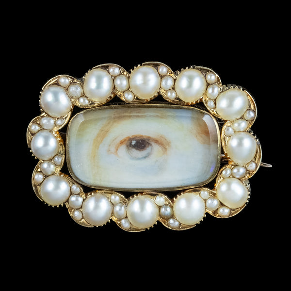 Antique Georgian Lovers Eye Mourning Brooch Pearls 18ct Gold 