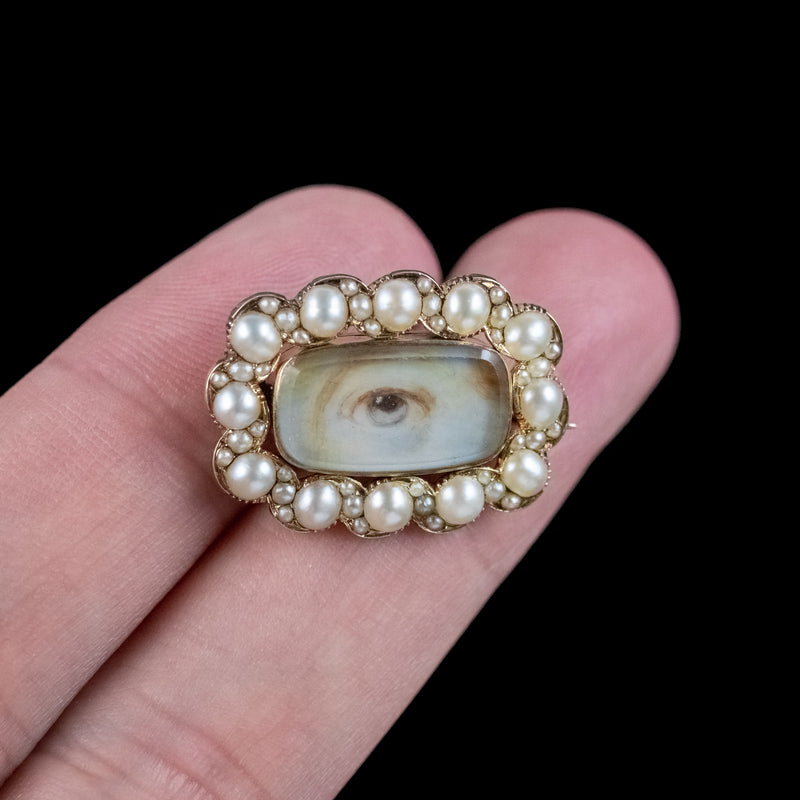 Antique Georgian Lovers Eye Mourning Brooch Pearls 18ct Gold 