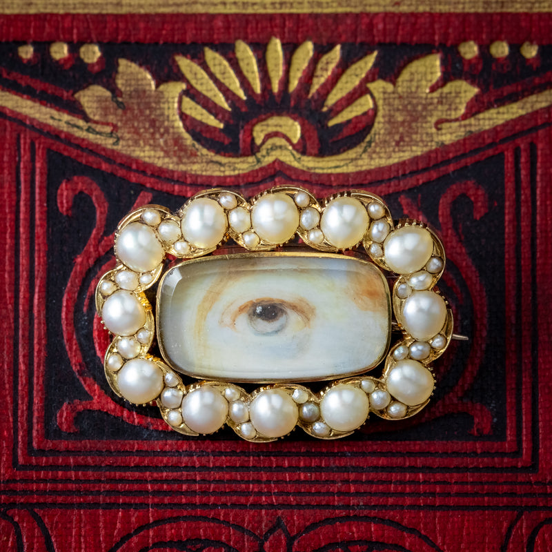 Antique Georgian Lovers Eye Mourning Brooch Pearls 18ct Gold 