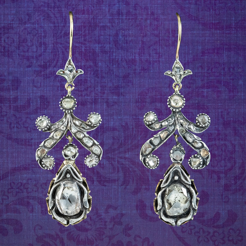 Antique Georgian Rose Cut Diamond Drop Earrings 3.5ct Total