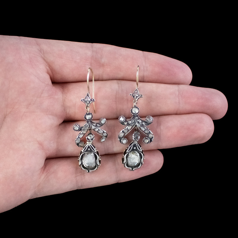 Antique Georgian Rose Cut Diamond Drop Earrings 3.5ct Total