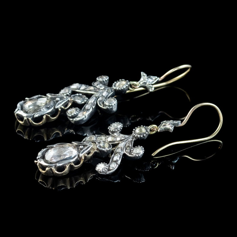 Antique Georgian Rose Cut Diamond Drop Earrings 3.5ct Total