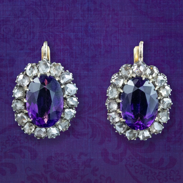 Antique Victorian Amethyst Diamond Cluster Earrings 18ct Gold