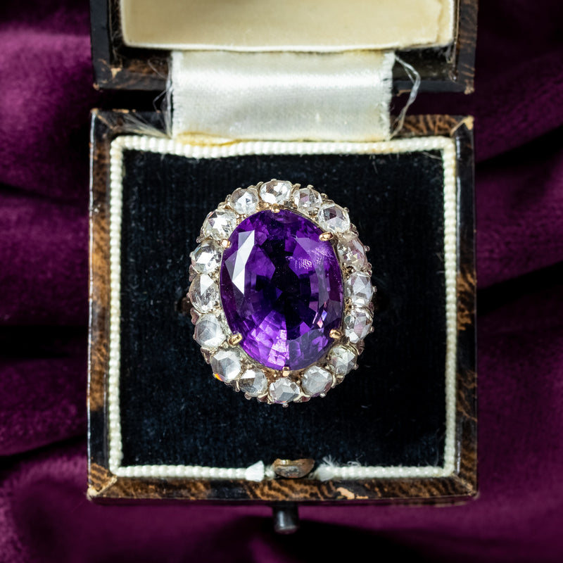 Antique Victorian Amethyst Diamond Cluster Ring 8.5ct Amethyst