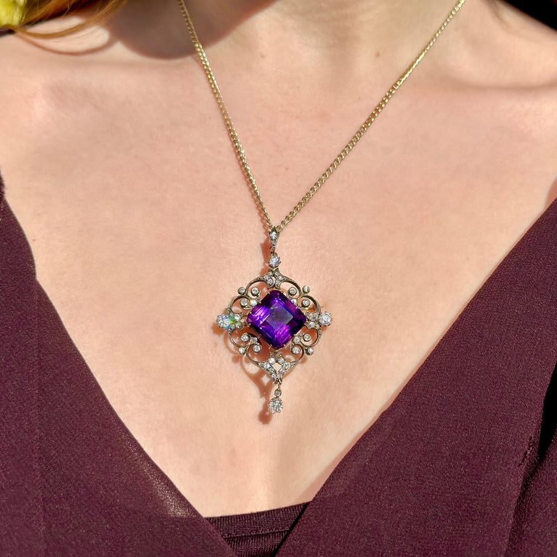 Antique Victorian Amethyst Diamond Pendant 12ct Amethyst