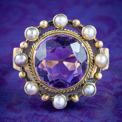 Antique Victorian Amethyst Pearl Cluster Ring 6ct Amethyst