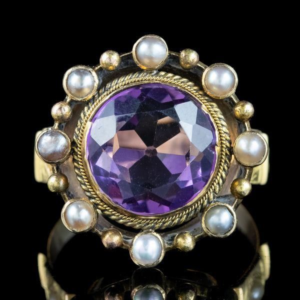 Antique Victorian Amethyst Pearl Cluster Ring 6ct Amethyst