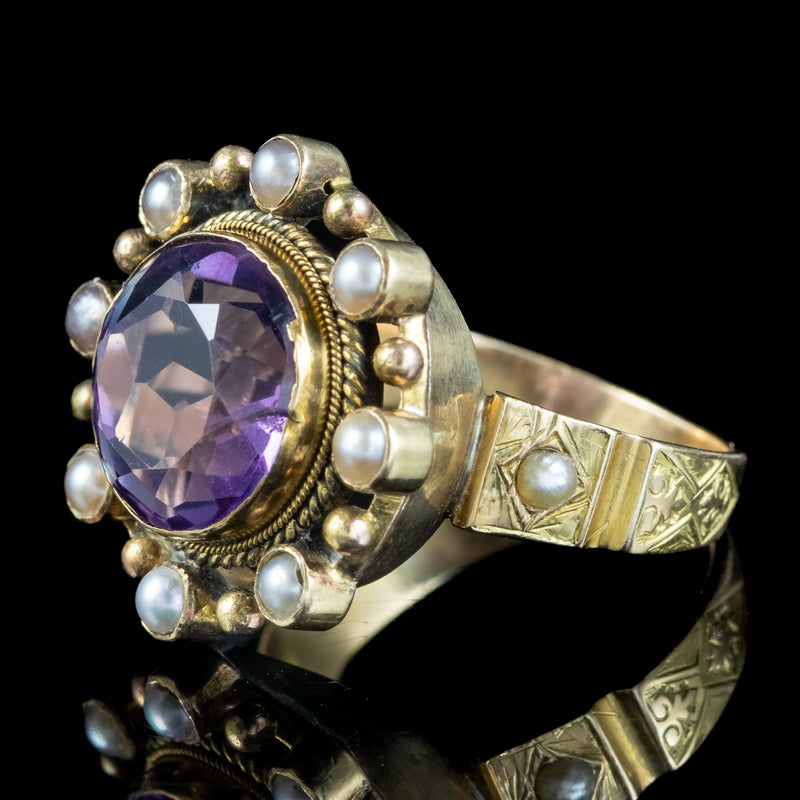 Antique Victorian Amethyst Pearl Cluster Ring 6ct Amethyst