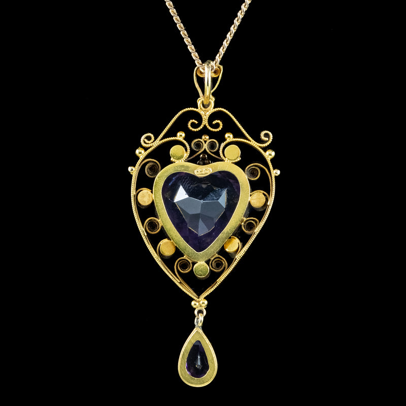 Antique Victorian Amethyst Pearl Heart Pendant Necklace 10ct Amethyst