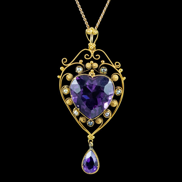 Antique Victorian Amethyst Pearl Heart Pendant Necklace 10ct Amethyst