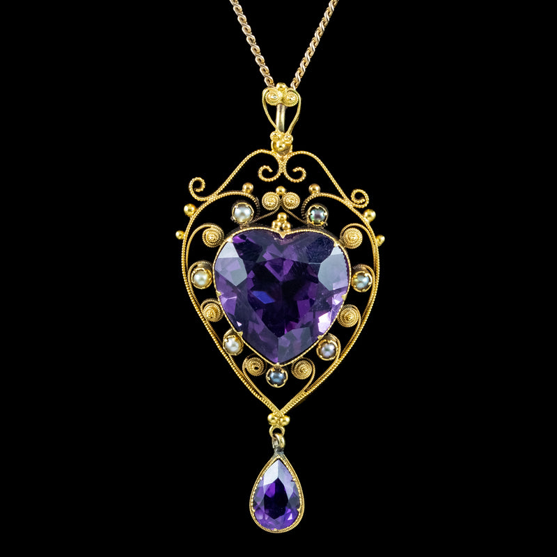 Antique Victorian Amethyst Pearl Heart Pendant Necklace 10ct Amethyst