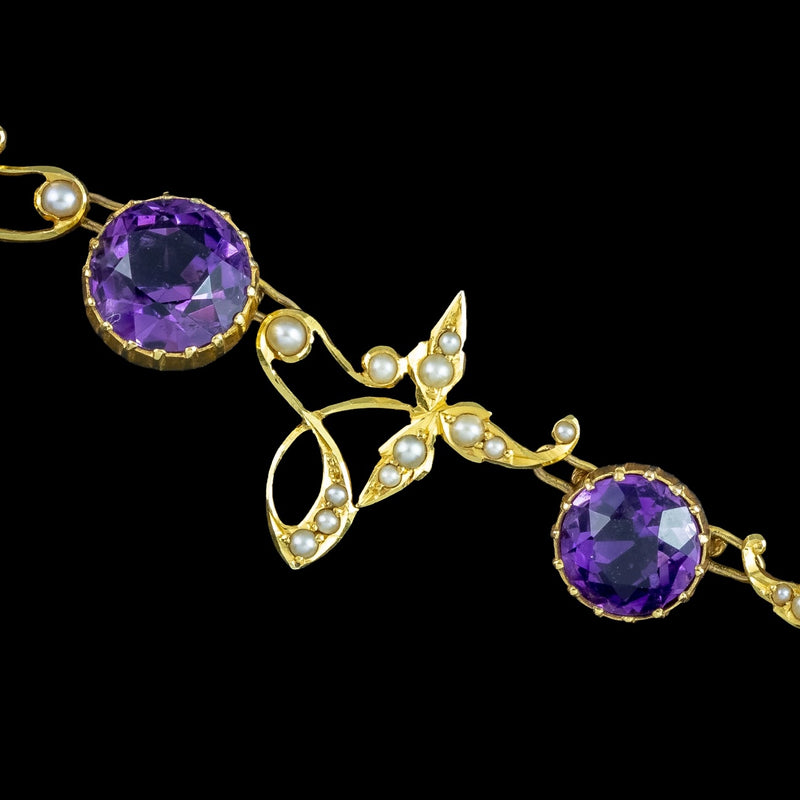 Antique Victorian Amethyst Pearl Necklace 15ct Gold With Box