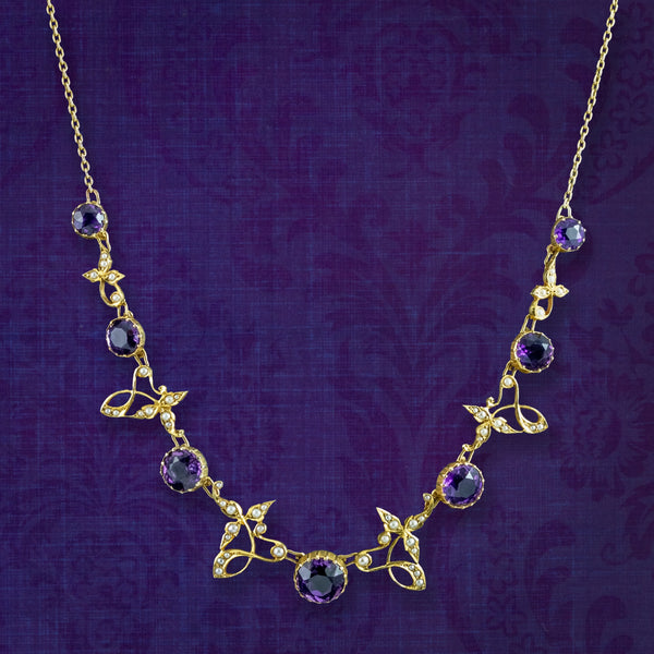 Antique Victorian Amethyst Pearl Necklace 15ct Gold With Box