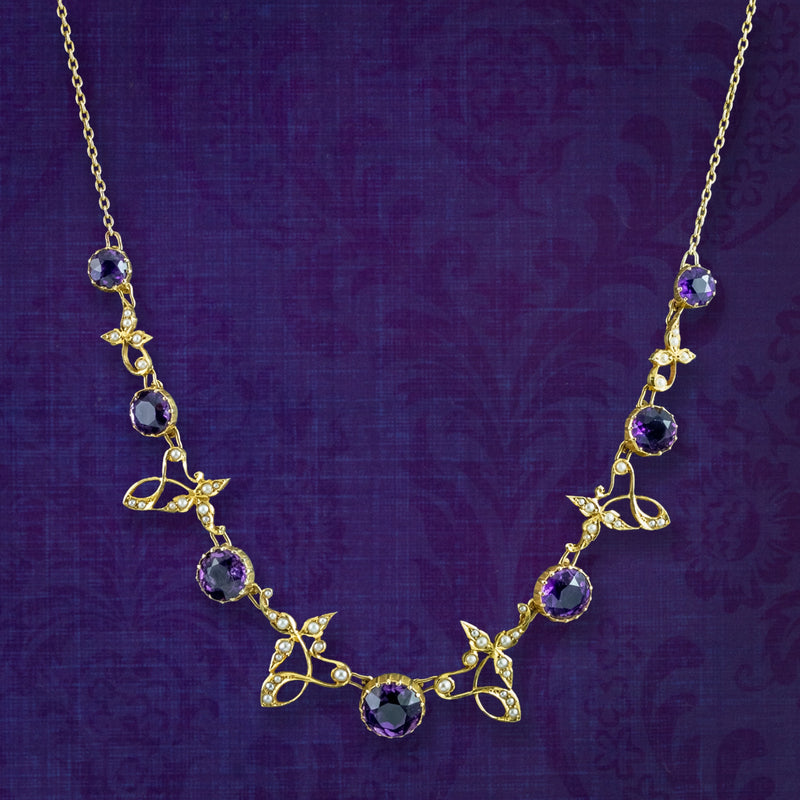 Antique Victorian Amethyst Pearl Necklace 15ct Gold With Box