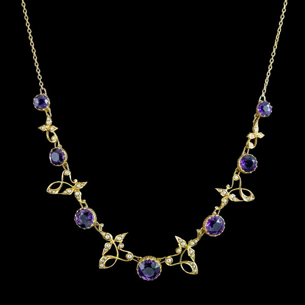 Antique Victorian Amethyst Pearl Necklace 15ct Gold With Box