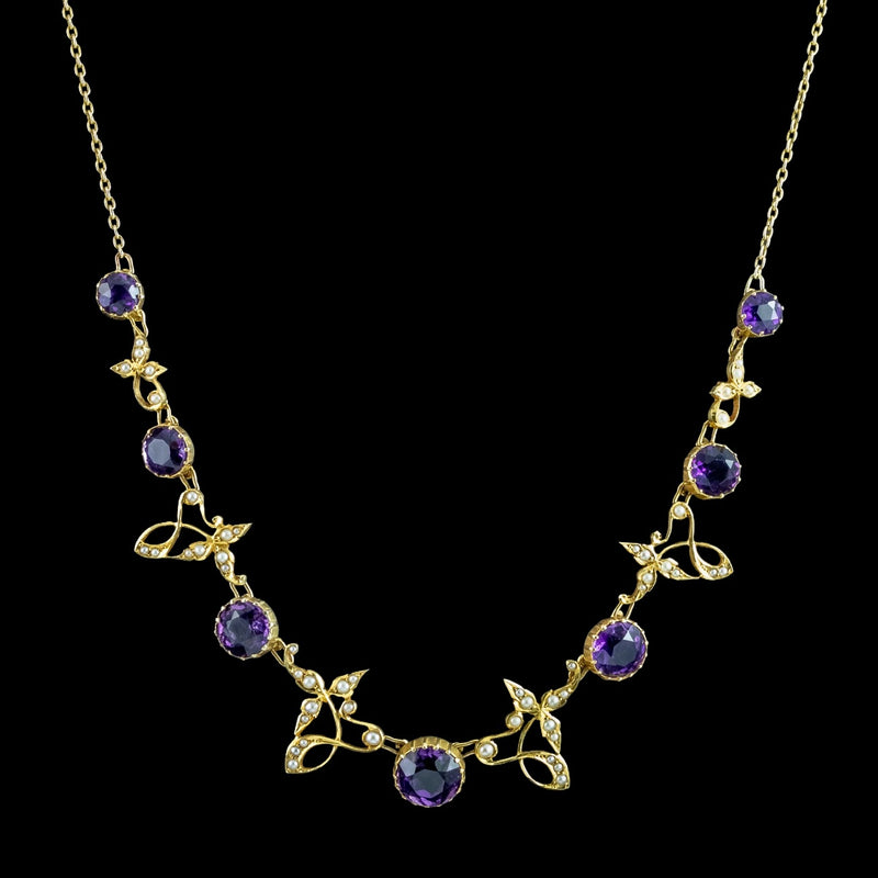 Antique Victorian Amethyst Pearl Necklace 15ct Gold With Box