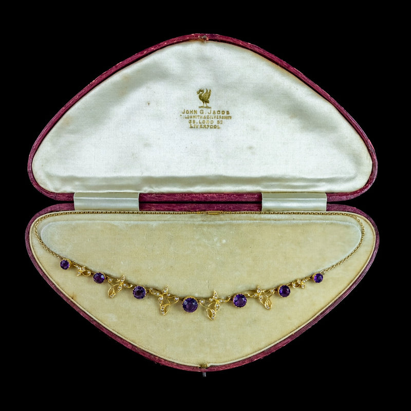 Antique Victorian Amethyst Pearl Necklace 15ct Gold With Box
