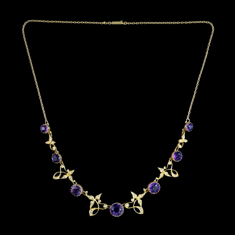 Antique Victorian Amethyst Pearl Necklace 15ct Gold With Box